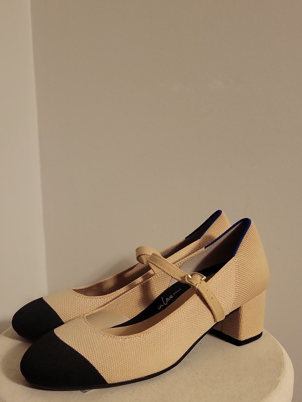 Rothy's Beige and Black Mary Jane Block Heel Pumps size 8.5 New